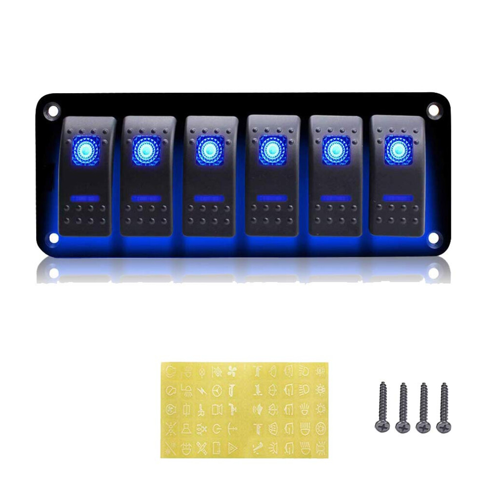 Geloo 6 Gang Switch Panel, 12V/24V Rocker On/Off Toggle Switch Ip65 Waterproof For Car Boat Marine Rv Truck Camper Vehicles (Blue) Blue 5051226495601