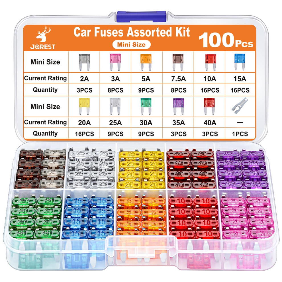 Jorest 100Pcs Mini Blade Fuses - Automotive Fuse Kit With 11 Specifications (2A-40A) And 1 Fuse Puller 5051226498176
