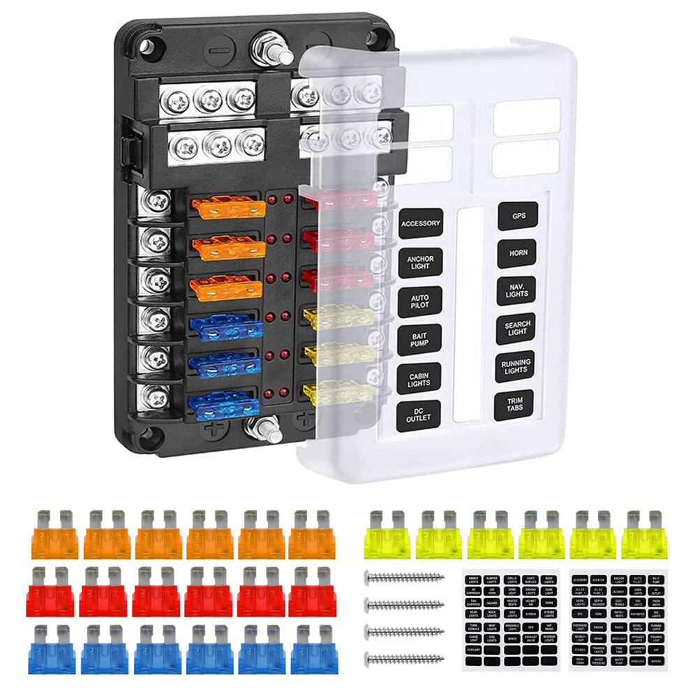 Tawveml 12-Way Blade Fuse Block W/Negative Bus Â Atc/Ato Fuse Box Holder With Ground, Led Warning Indicator &Damp-Proof Cover Automotive Box Holder 5003647498846