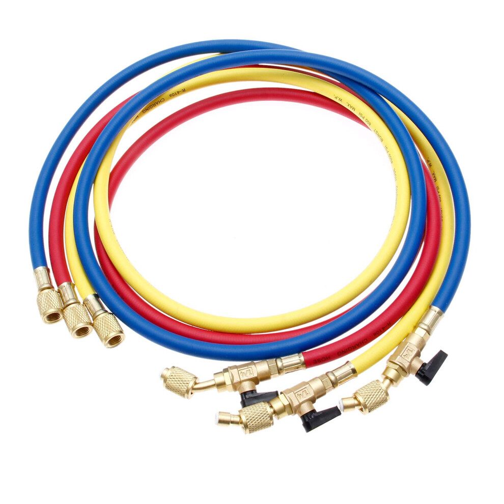 Gohantee Refrigerant Charging Hose Ball Valve, 3 Colour 60" Ac 1/4 Sae 800-4000 Psi High Pressure Thread Ac Refrigerant Charging Hose For R410a R134a 5051226501159