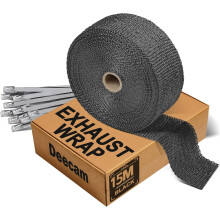 Deecam 15M Exhaust Heat Wrap, Car Heat Wrap Roll, Glass Fiber Exhaust Tape Bandage, with 12 Pcs Self-locking Stainless Steel Cable Ties