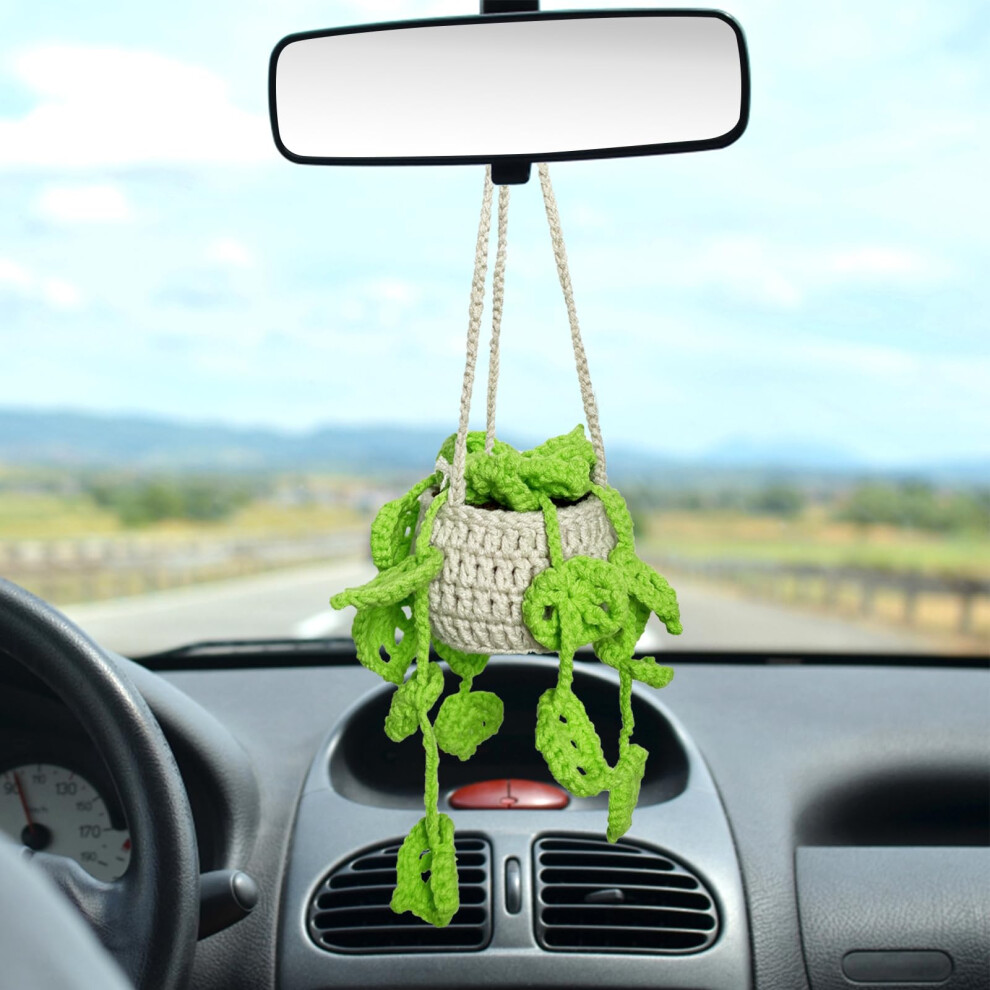 Kunyeah Crochet Hanging Plant For Car, Cute Potted Plants Crochet Decor, Car Mirror Hanging Accessories, Rear View Ornament 5051226543227
