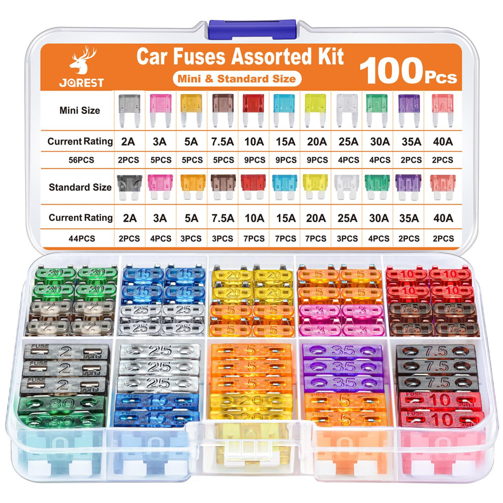 Jorest 100Pcs Car Fuse Assorted Kit, 56 Mini Blade Fuses + 44 Standard Automotive 1 Puller 5051226498060