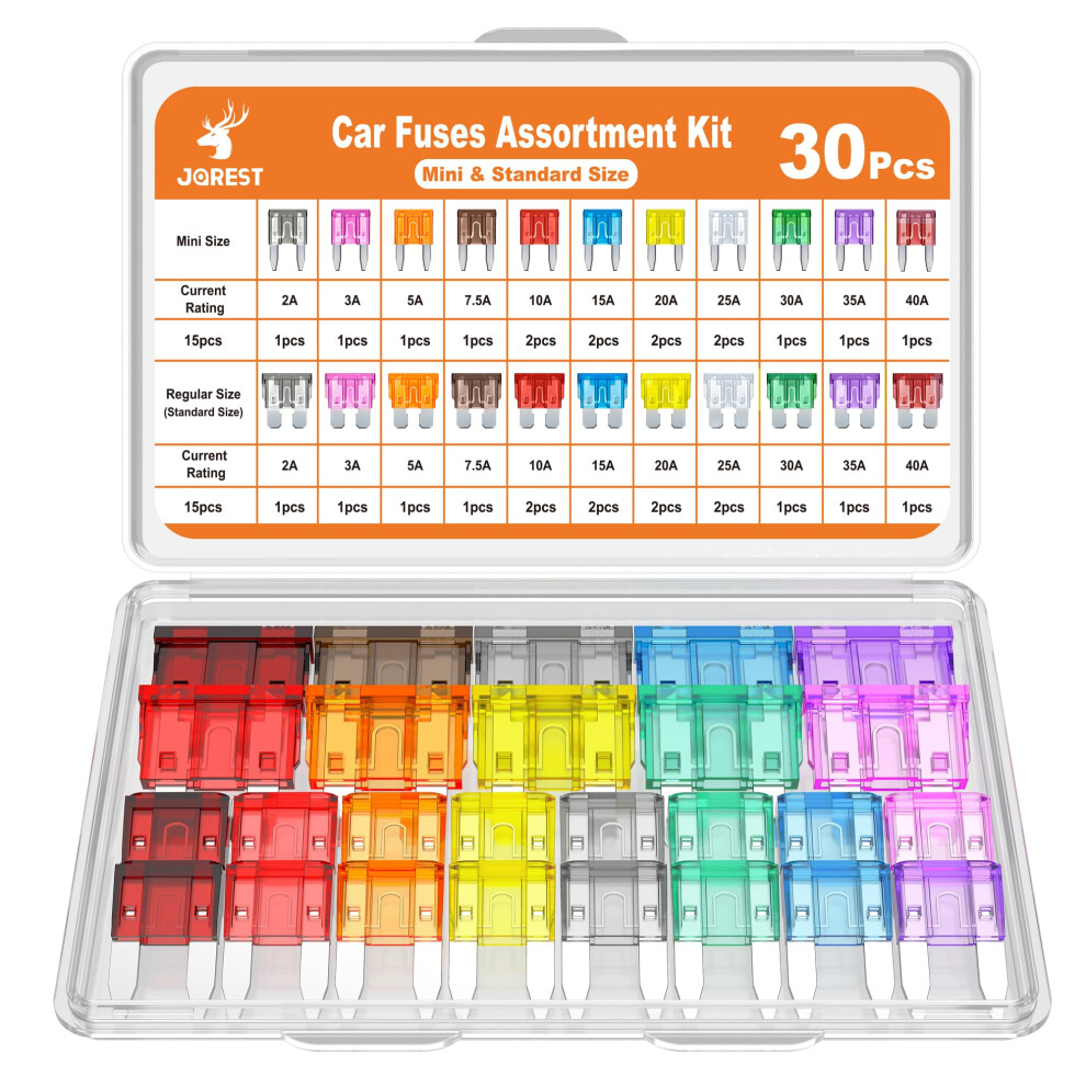 Jorest 30Pcs Mini & Standard Car Fuse Assortment Kit, 15 Mini Blade Fuses Automotive + 15Standard Auto Fuses 5051226498312