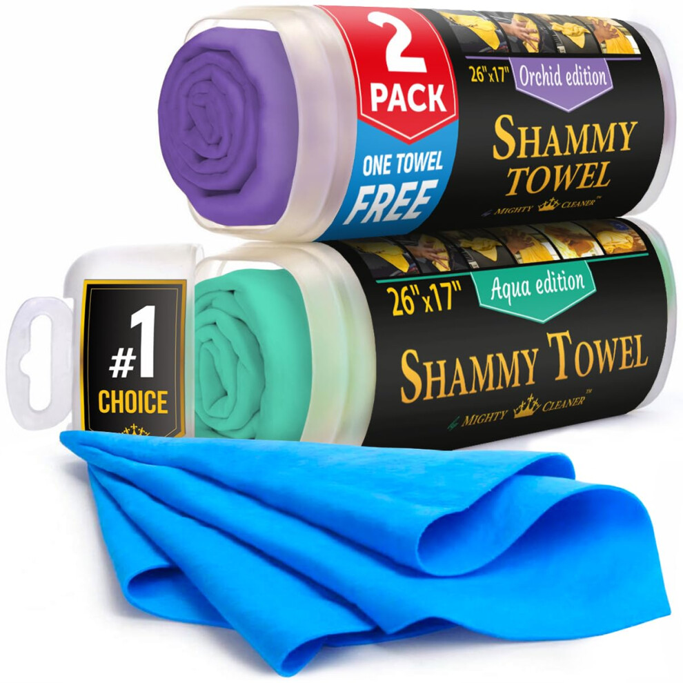 Mighty Cleaner Premium 2Pk +1 Free Shammy Cloth For Car Drying - 26"X17" - Super Absorbent Chamois Towel For Car - Scratch-Free, Reusable & Soft 5051226525957