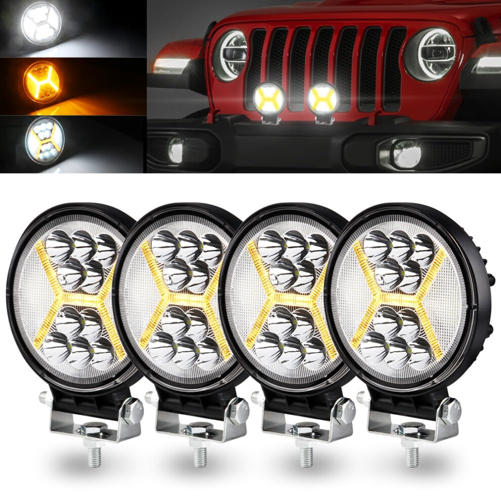 Kaidengzhe 4Pcs 72W Round Led Pod Bar, Off Road Led Work With 4.5" Strobe Drl Off Road Spot Flood Combo Beam Off Road Driving Light/Amber 5051226507311
