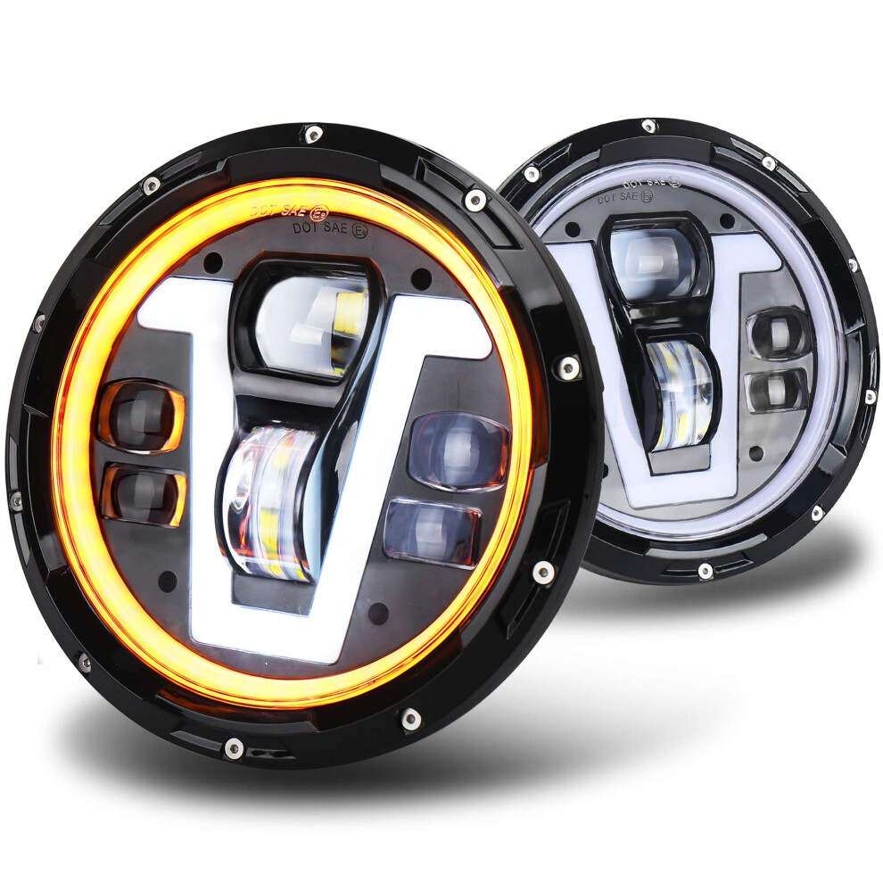 Movotor Mot Approved 7Inch Led Headlight With Turn Signal V Type Drl Hi Lo Beam Compatible With Defender 90 110 Jeep Wrangler Jk Tj Cj Amber/White 5051226510076