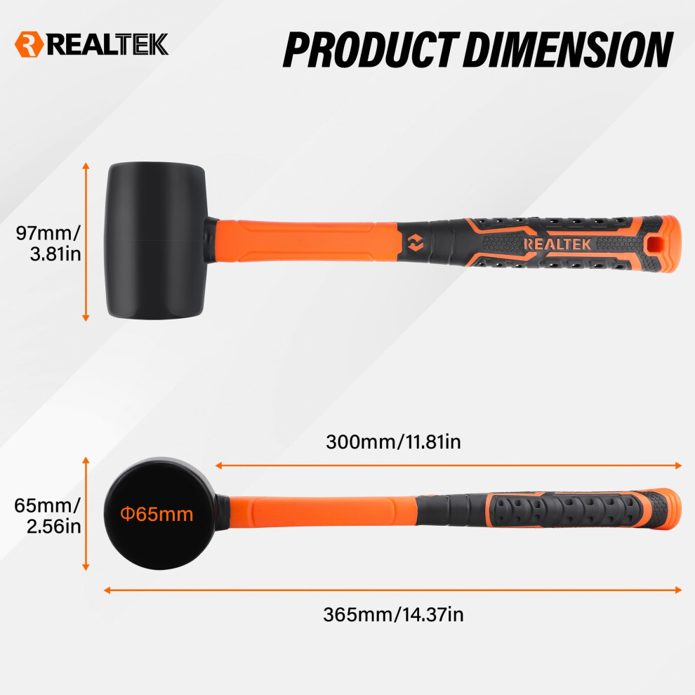 Realtek Rubber Mallet 16Oz/450G, Solid Rubber Hammer With Fiberglass Handles, Soft Hammer, 65 Mm Diameter, 36Cm Long, For Slabs, Bricklaying 5051226660337