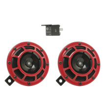 HELLA Horn B133 Set - 2 Pieces - 12V - 118dB(A) - 300 / 500Hz - Low Tone / High Tone - Electric - Red / Black - Flat Connector incl. Relay