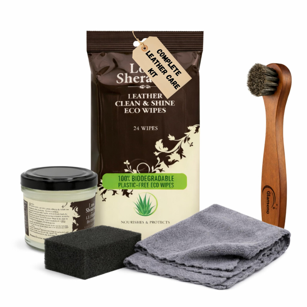Glameno Leather Care Kit With Leather Balsam 125Ml, Cleaning Wipes (24 Pack), Horsehair Brush, Microfibre Cloth & Sponge - Cleans 5051226521171