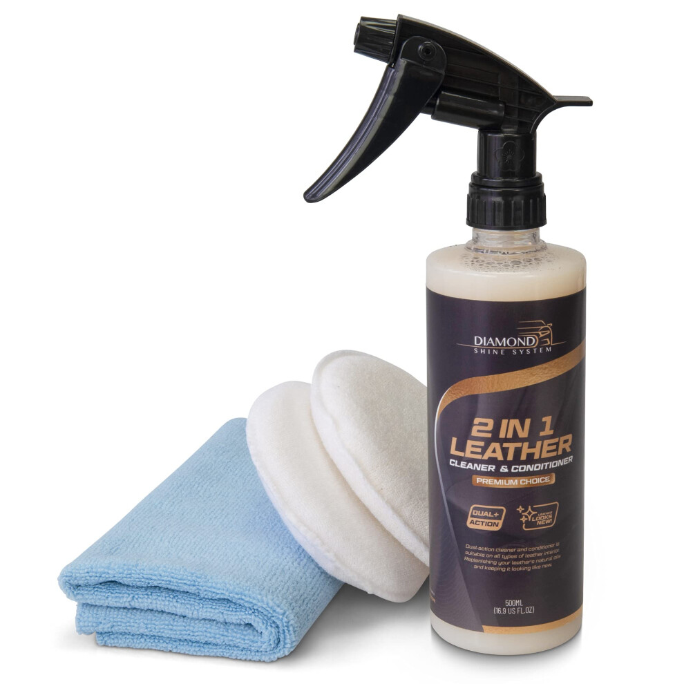 Diamond Shine 2-In-1 Leather Cleaner & Conditioner, 500Ml Spray Â Car Leather Seat Cleaner With Microfibre Cloth & Applicator Pads 5051226512940