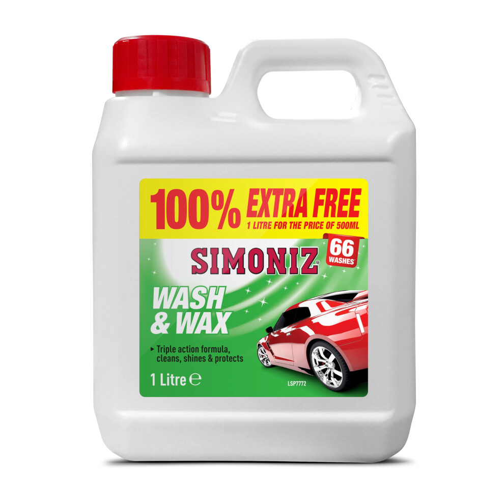 Simoniz Wash & Wax 1 L – Triple-Action Car Shampoo & Wax – Cleans, Shines & Protects Paintwork – Up To 66 Washes – High-Foam Car W Light