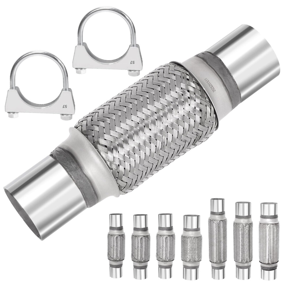 Mardatt 3Pcs Exhaust Flex Pipe, Stainless Steel Exhaust Flex Pipe Double Braid Exhaust Flex Tube U-Bolt Clamp Stainless Steel Muffler U-Bolt Clamps 5051226497971