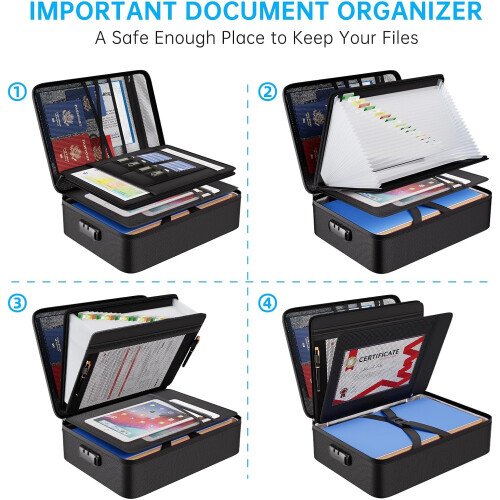 ENGPOW Fireproof Document Box with 5200 Heat Insulated,Multi-Layer Waterproof & Fireproof 25 Pockets File Organiser,Large A4 Document Storage Box w 2