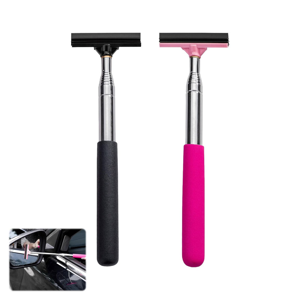 2Pcs Retractable Car Mirror Wiper Wing,Mini Wing Mirror Squeegee,Retractable Car Rear View Wiper,Side Mirror Squeegee For Bathroom Mirrors Black/Pink 5051226523236