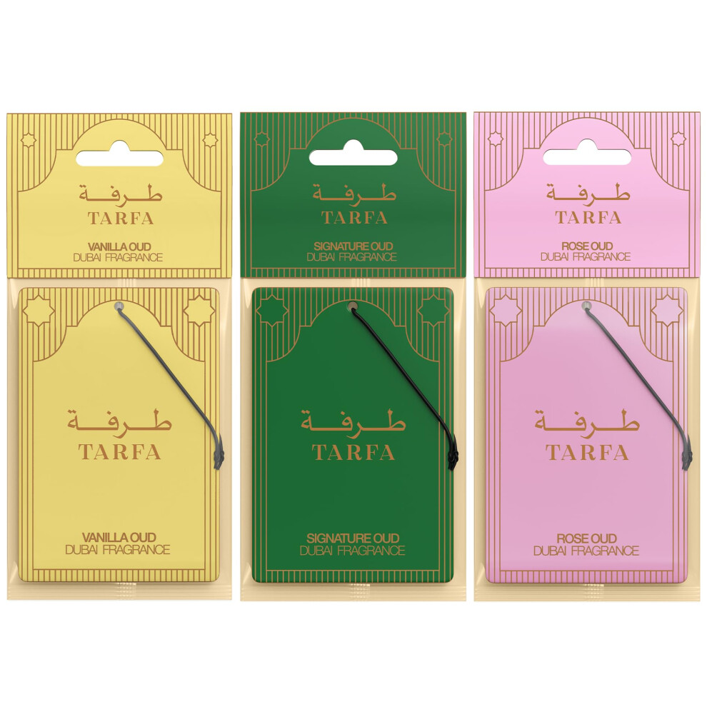 Tarfa Luxury Car Air Freshener 3 Pack Â Vanilla, Signature & Rose Oud | Dubai Formulated Oil-Based Carded Fresheners | Strong Long-Lasting Car Scent 5051226531545
