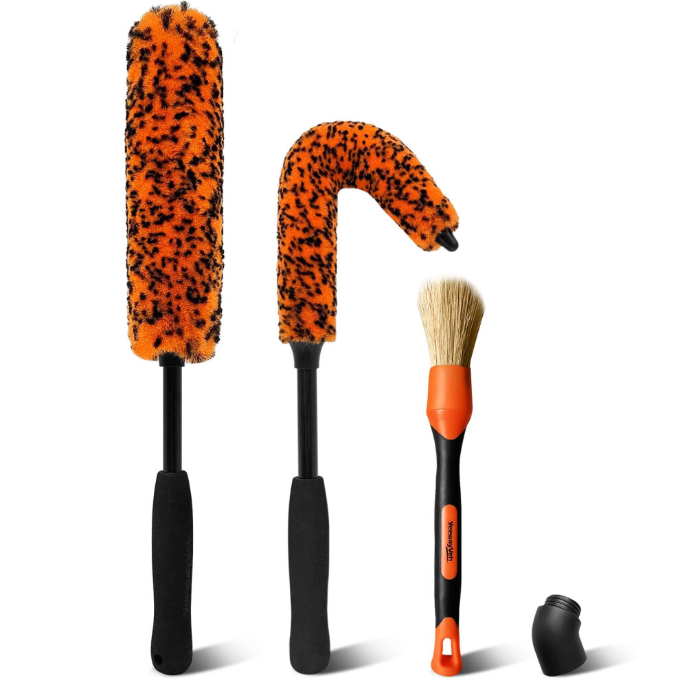 Yeewayveh 3Pcs Quick Car Wheel Brush Kit, 2-Size 360 Bendale Alloy Wheel Brush, Boars Hair Detailing Brush 5051226520587