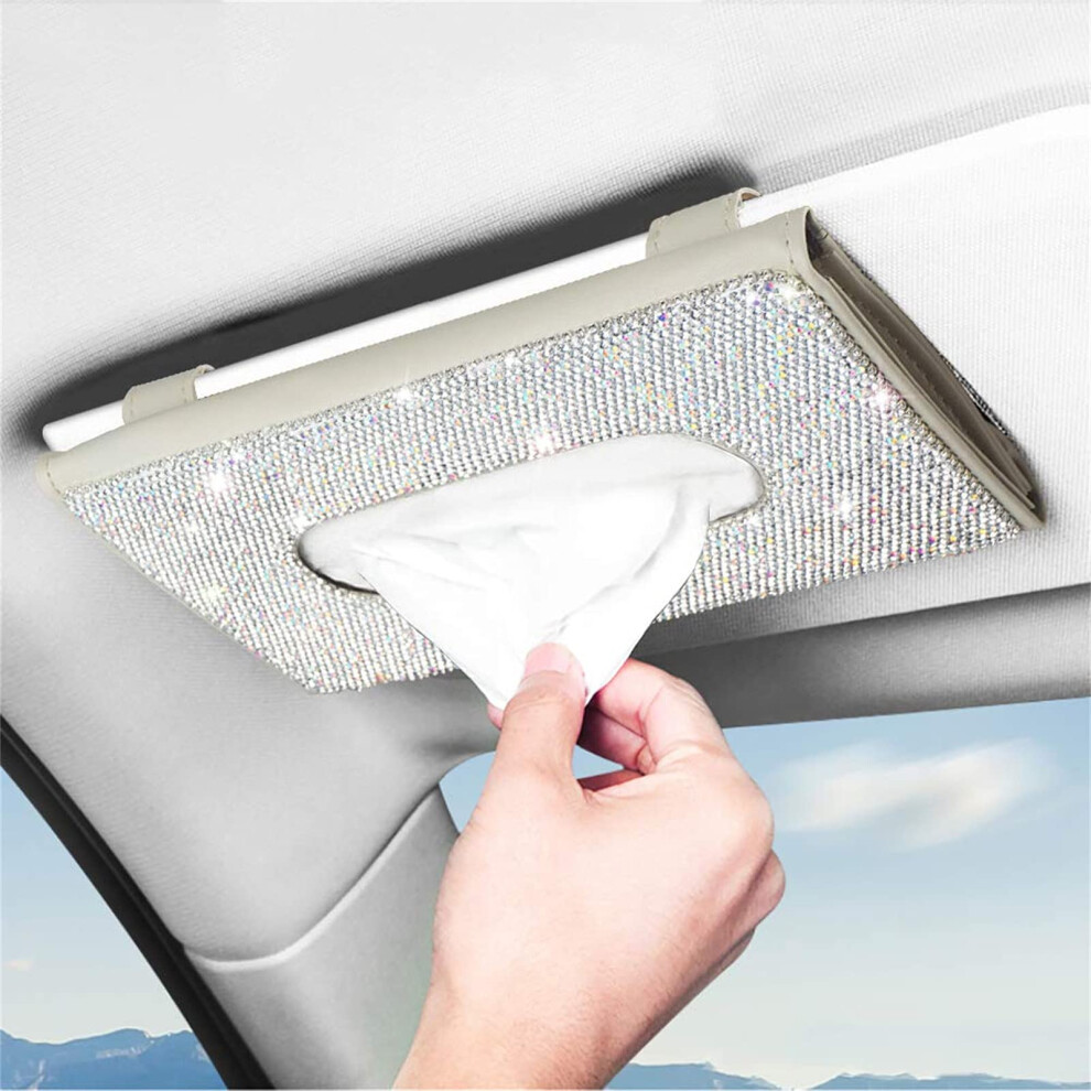 Bling Bling Sun Visor Car Tissue Box With Crystal Diamond Leather Auto Napkin Tissue Hanging Bag Holder For Car Accessories, Beige 5001957189362