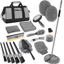 THINKWORK Car Wash Kit, Car Washing Brush with Long Handle, Extendable Car Wash Mop with 2-in-1 Windshield Squeegee and 9Pcs Detailing Brushes