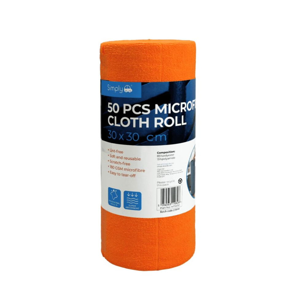 Simply Auto Roll Of 50 Microfibre Cloths, 30X30cm Premium Reusable Multi-Purpose Cleaning Absorbent Towels 5051226526602
