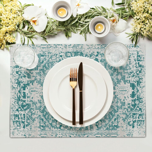 Sets de table bohèmes en lin gris turquoise, lot de 6 2