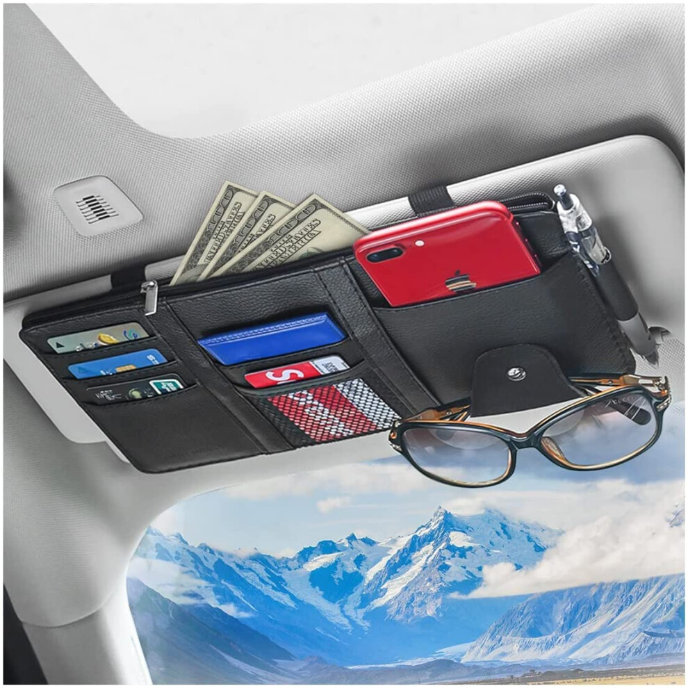 Car Sun Visor Organizer, Leather Storage Pocket Sun Visor Pouch With Zipper For Cards License Registration Pen Glasses Document, Fits Most Car Suv 5051226533600