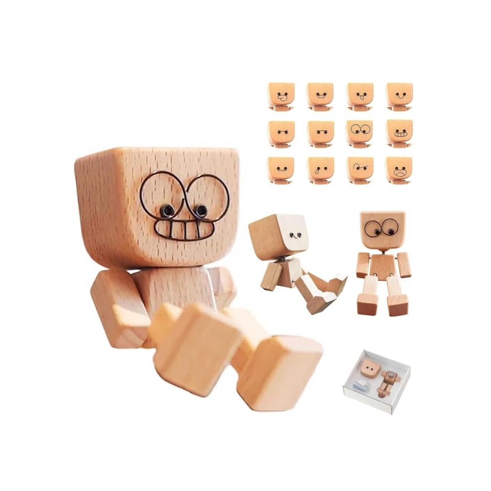 Mplehda Wobble Figure Car, Wobbling Wooden Man Figure With 12 Magnetic Expressions, Rustic Wooden Dashboard Decor Brown 5051226542534