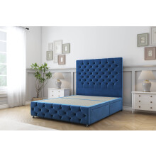 (3' Single, Navy) Sloomy Watson Plush Divan Bed Base 2 Drawers Left Side With 54" Floor Standing Headboard & 12" Matching Footboard