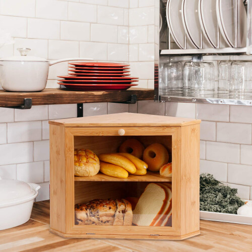Leader Accessories Corner Bread Bin Bamboo Two-Layer Bread Box for Kitchen Corner fit 12.6"x12.6"x13.4" 1
