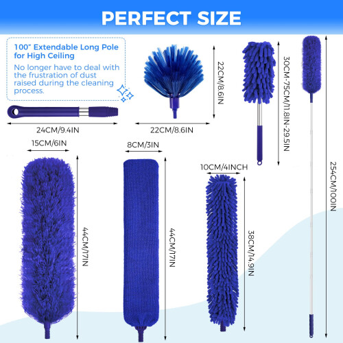 8 PCS Microfiber Feather Duster, Extendable Washable Cobweb Duster with 100 inches Long Telescopic Duster for Cleaning Ceiling Fan,Blinds 1