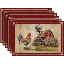 Jogo americano vintage com estampa de galo, em linho, conjunto de 6 peças, 45 x 30 cm (17,7 x 11,8 polegadas).