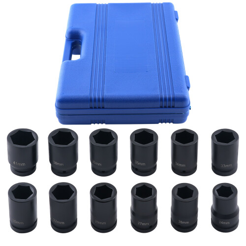 1" Deep Drive Impact Socket Set 12pc 24-41mm 80mm CR-V 6 Point Hex Tools 1