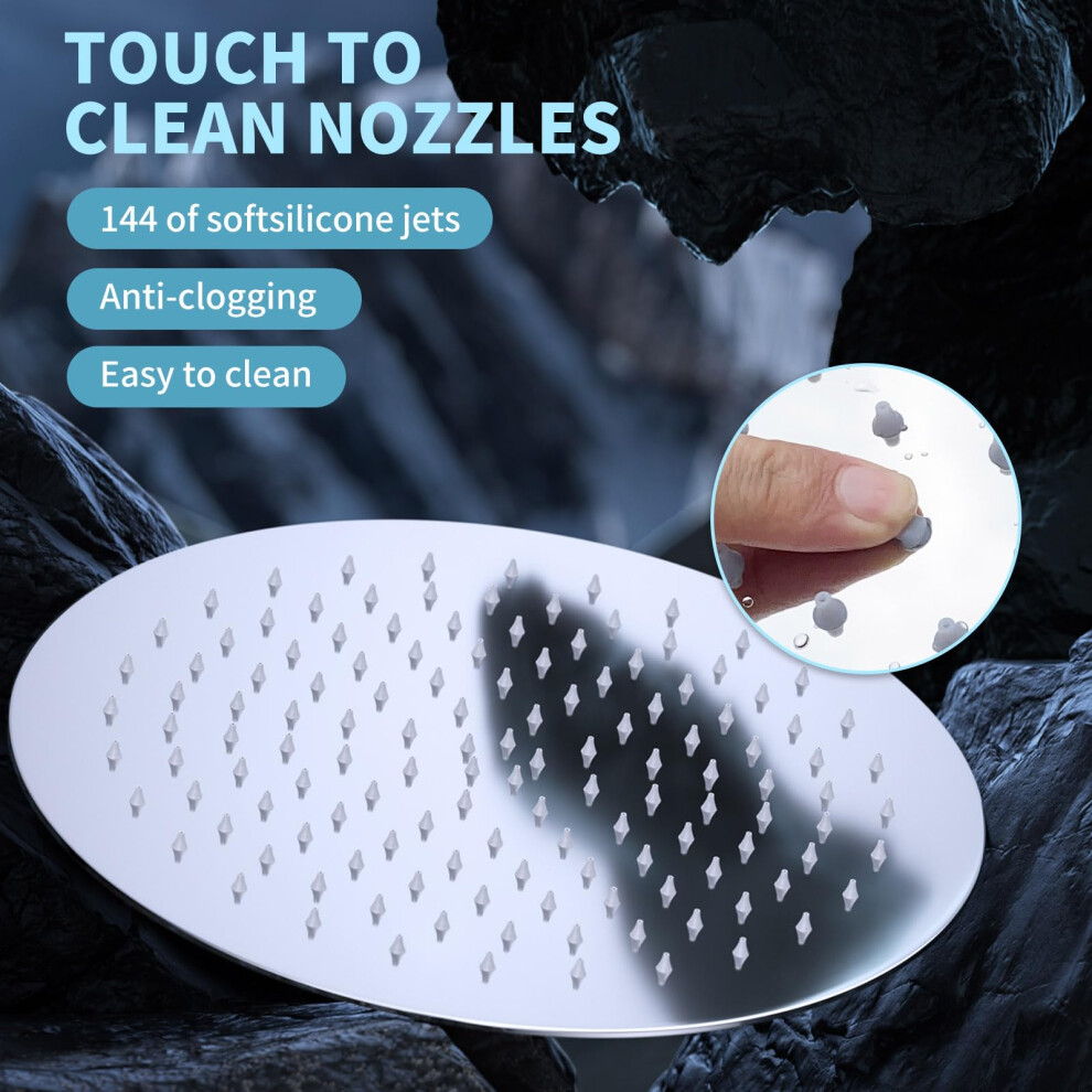 Rain Shower Head 12 Inch Round Showerhead Ultra Thin High Pressure Rainfall Shower Head Stainless Steel 304 Self Cleaning Silicone Full Body Coverage 5051226918711