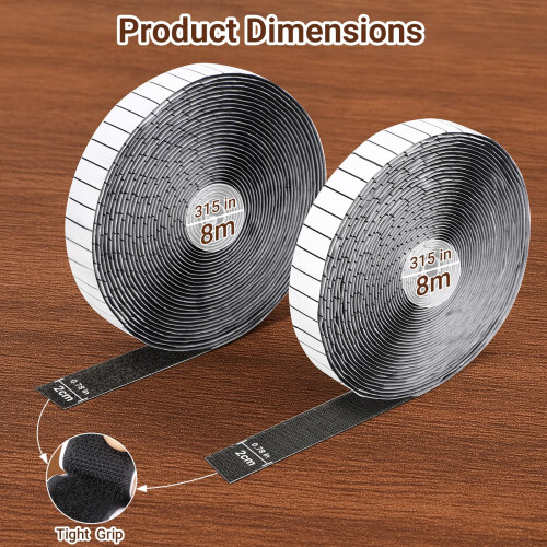 Euqvunn Hook and Loop Tape 2 Rolls (8m x 2cm), Hook and Loop Strips Self Adhesive with Scissors and Grid Backing 1