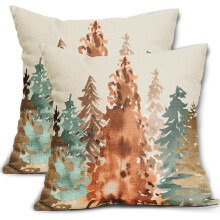 Linnen kussenslopen 18x18 inch met blauwgroen boommotief, 2 stuks
