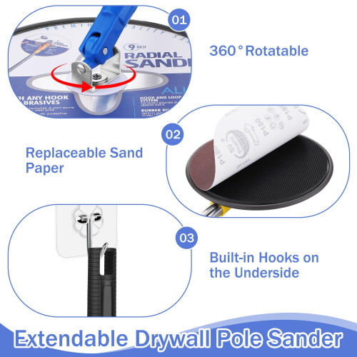 Fentar Drywall Pole Sander Assemblable, 170cm Extension Sanding Pole with 10 Replaceable Sanding Sheets 1