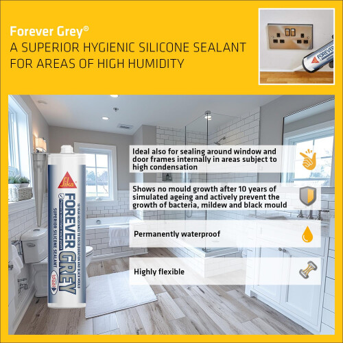 Sika Forever Grey Anti-Mould Silicone Sealant, Grey, 295ml 2