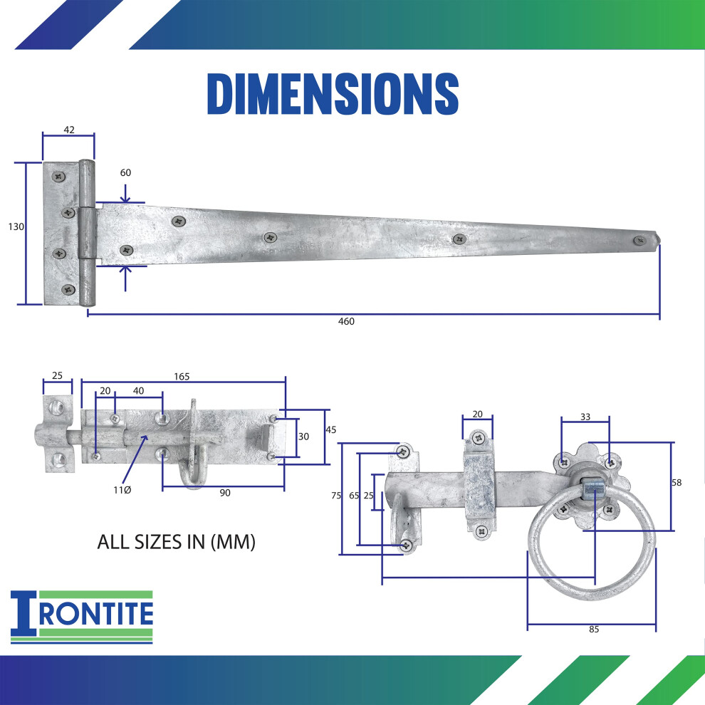 Irontite Galvanised Gate Latch Kit With 450Mm (18") T Hinges And Brenton Bolt. Garden Gate Kit Includes Garden Gate Hinges For Wooden Gates 5051226974953