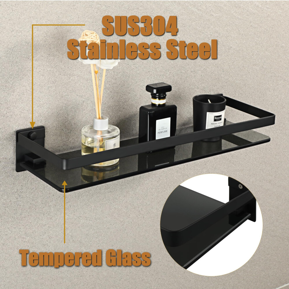 Sayayo Black Bathroom Shelf Wall Mounted Tempered Glass Shelf, Shower Storage Matte Black With Sus304 Stainless Steel Rail For Kitchen, 38Cm Length 5051226983245