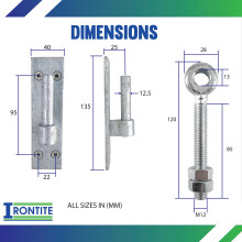 IRONTITE 2 Pack Heavy Duty Gate Hinges with 12mm Pin and 12mm Gate Eye Bolts, to Suit Wrought Iron Gates and Wooden Gates. Black Gate Hinges Hook On
