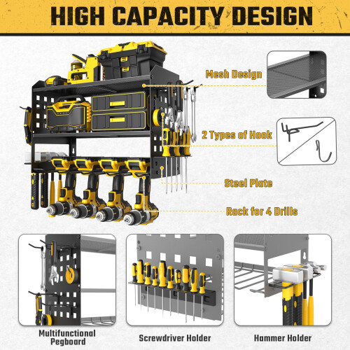 Yeabett 3 Layer Power Tool Storage, Tool Rack for 4 Drill Holders, Heavy Duty Wall Mounted Rack for Garage, Home, Workshop (Black) 2