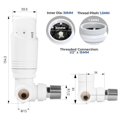 VANCOCO Glossy White Corner Thermostatic Radiator Valve Set 1/2"15mm 1