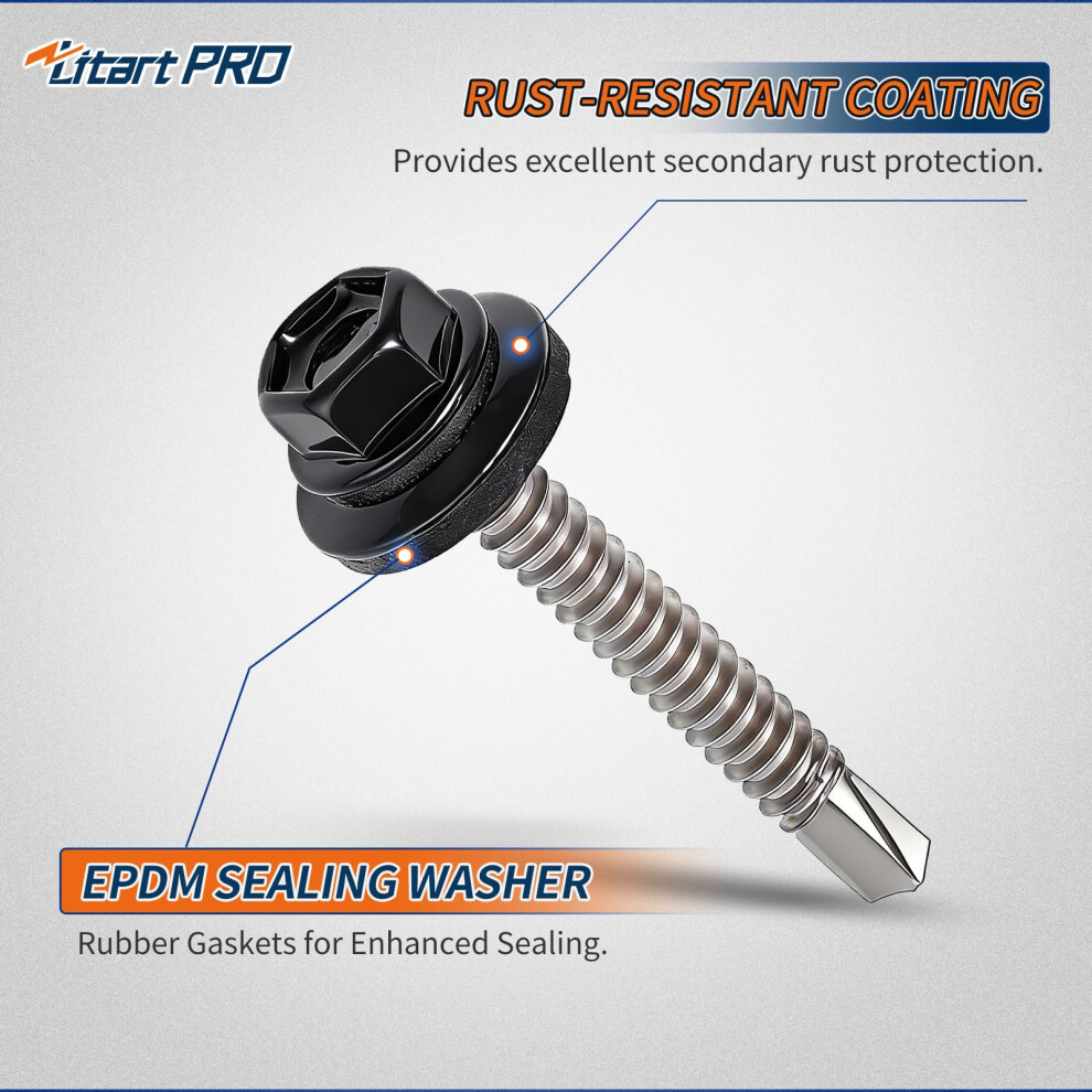 Litartpro 410 Stainless Steel M4.8 Self Tapping Screws For Metal Â 90 Pcs Hex Head Self-Drilling Roof Fixing Screws With Epdm Sealing Washers & Hex 5051226923944