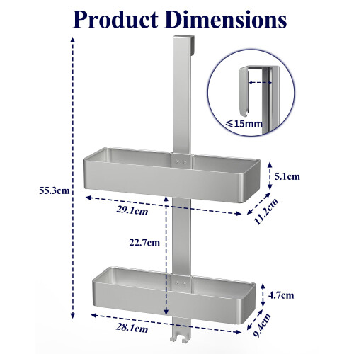 Kitsure Over Door Shower Caddy, 2-Tier Hanging Bathroom Shelf, Silver 1