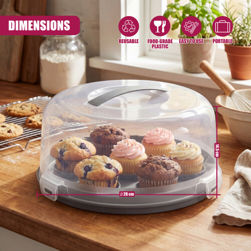 GEEZY GEEZY Plastic Cake & Cupcake Carrier with Handle & Lid 11" Round Storage Container 2