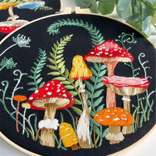 Myfelicity Embroidery Kit with Mushroom Patterns, 3 Hoops, Fabric, Threads, Needles, Instructions (red) 2