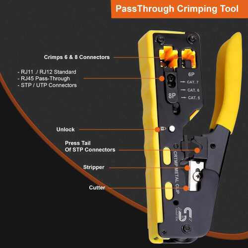 RJ45 Pass Through Crimping Tool Kit, All-in-One Ethernet Network Cable Crimper Set with Cable Tester, Cutter 2