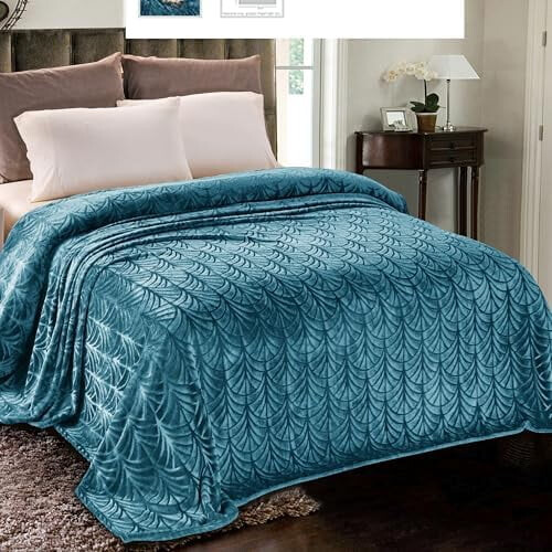 Fleece Throw Blanket Queen Size Vintage Pattern Teal