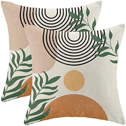 Față de pernă din in, model boho, 45x45 cm, design apus de soare