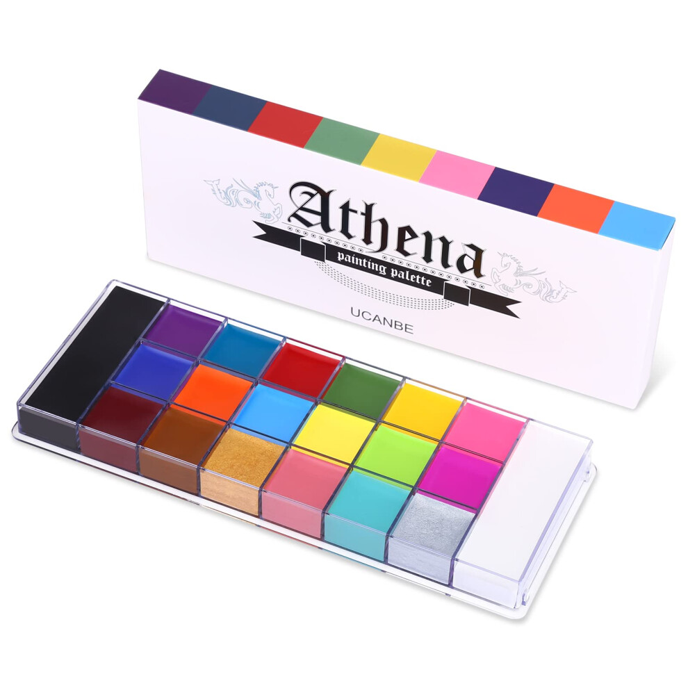 Ucanbe White 20 Color Athena Face Body Paint Oil - Large Pan Black & Professional Non Toxic Sfx Makeup Palette, Hypoallergenic Face Painting Pallet F